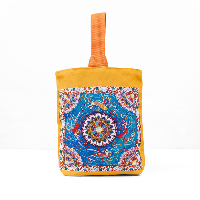 Dunhuang Canvas Handbag with Lotus & Buddha Statues 15cm