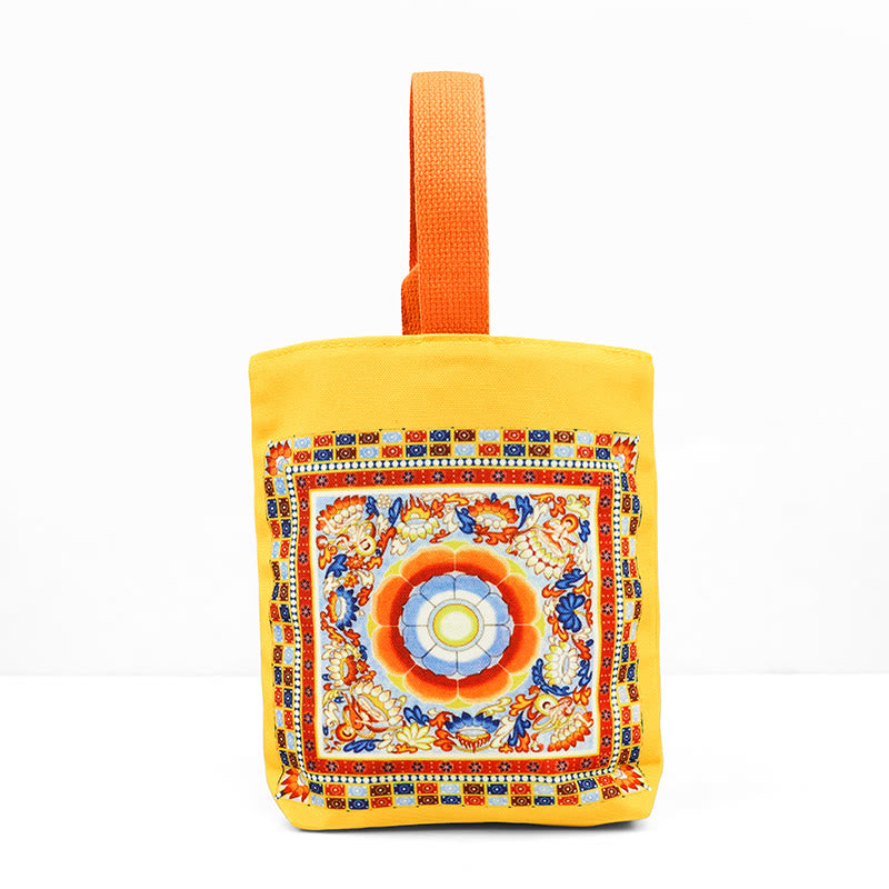 Dunhuang Canvas Handbag with Lotus & Buddha Statues 15cm