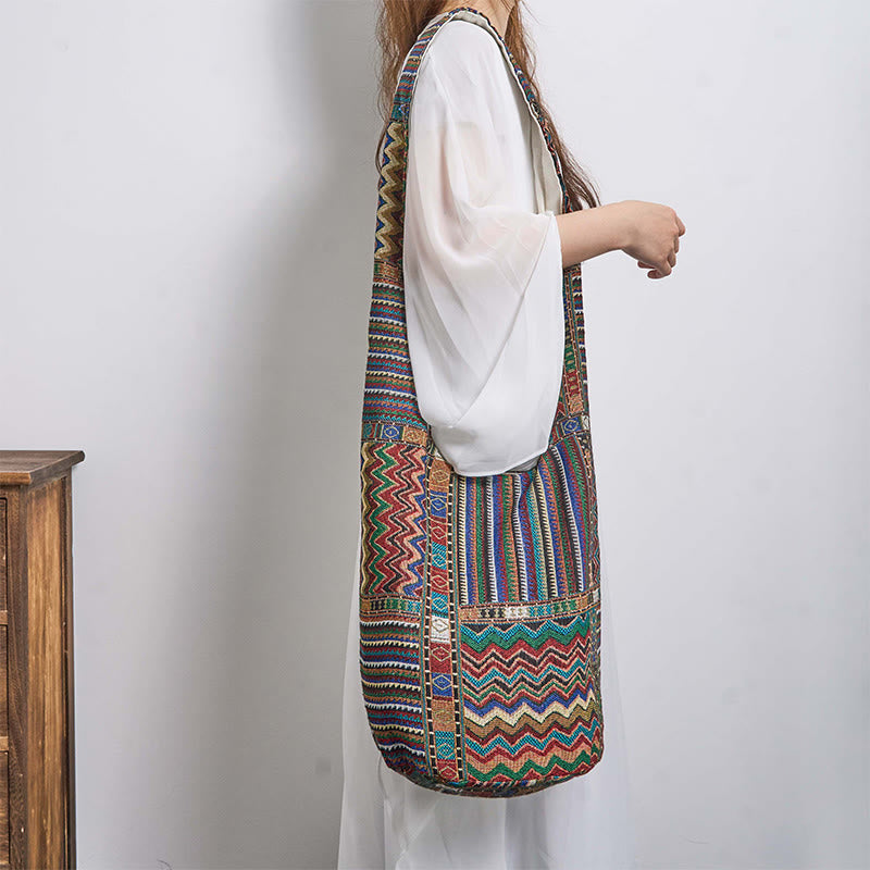 Green Brown Waves Cotton Crossbody Bag for Yoga & Daily Use