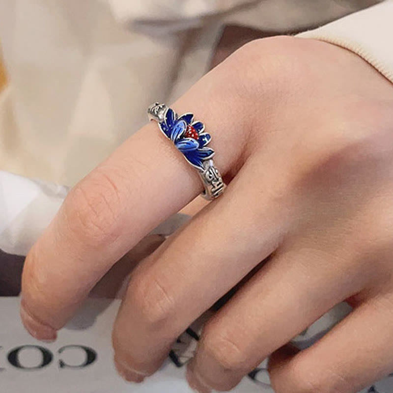 Adjustable 925 Sterling Silver Om Mani Padme Hum Lotus Peace Ring