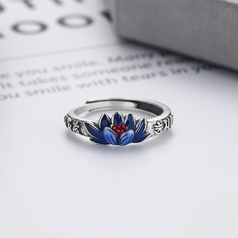 Adjustable 925 Sterling Silver Om Mani Padme Hum Lotus Peace Ring
