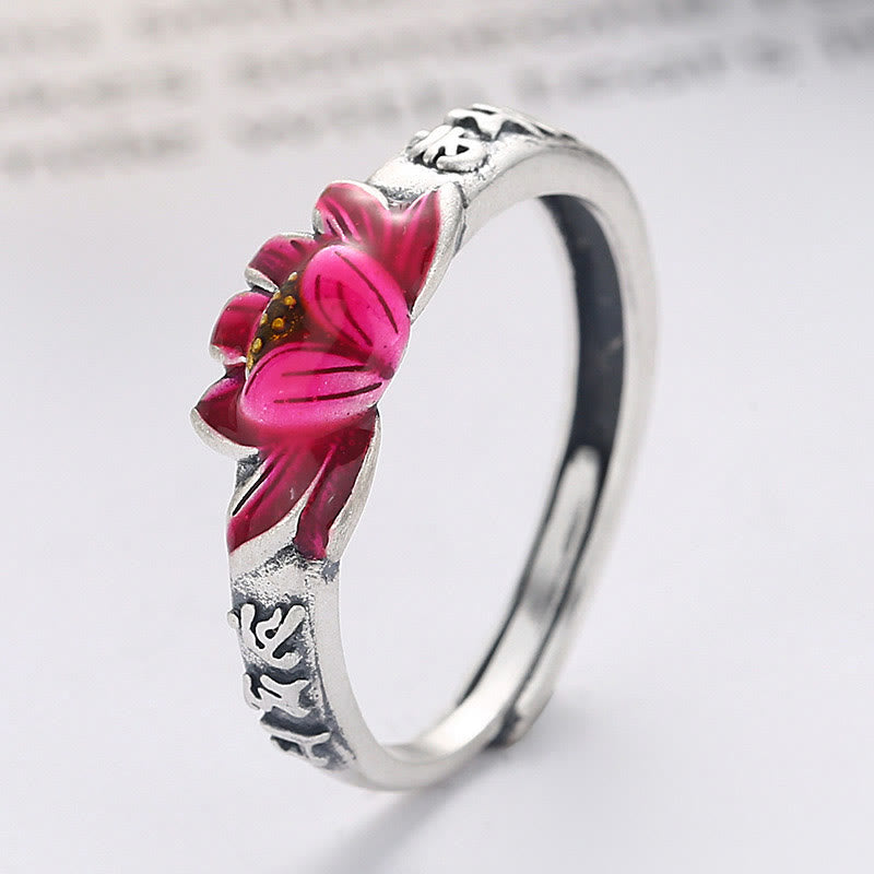 Adjustable 925 Sterling Silver Om Mani Padme Hum Lotus Peace Ring