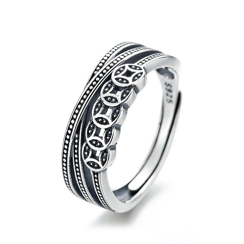 925 Sterling Silver Copper Coins Wealth Blessing Adjustable Spiritual Ring