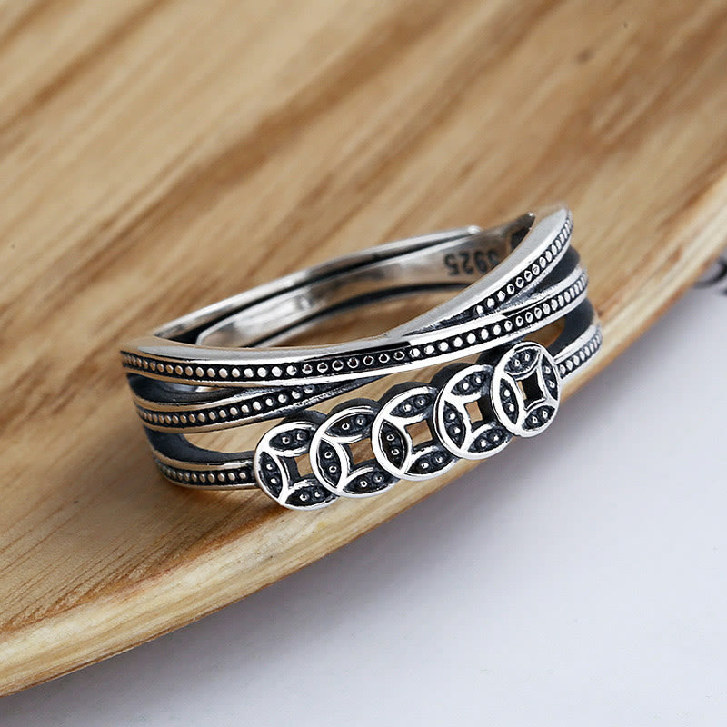 925 Sterling Silver Copper Coins Wealth Blessing Adjustable Spiritual Ring