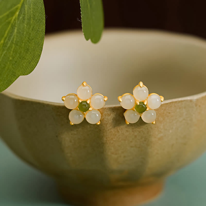 Sterling Silver Hetian Jade Luck Flower Stud Earrings