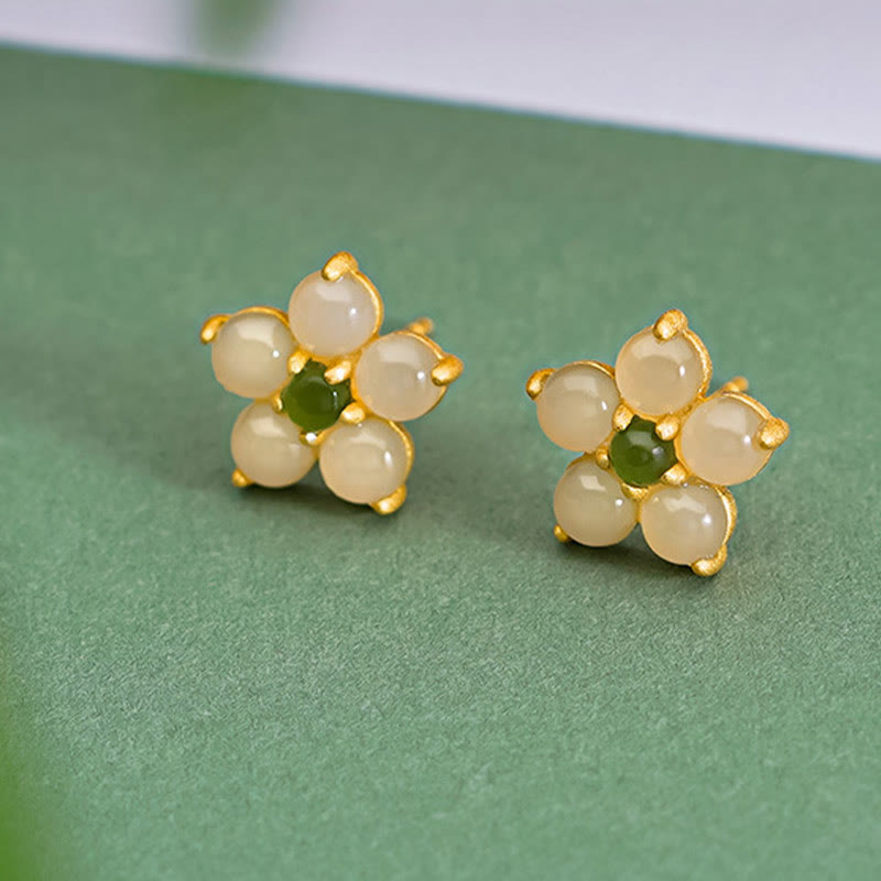 Sterling Silver Hetian Jade Luck Flower Stud Earrings