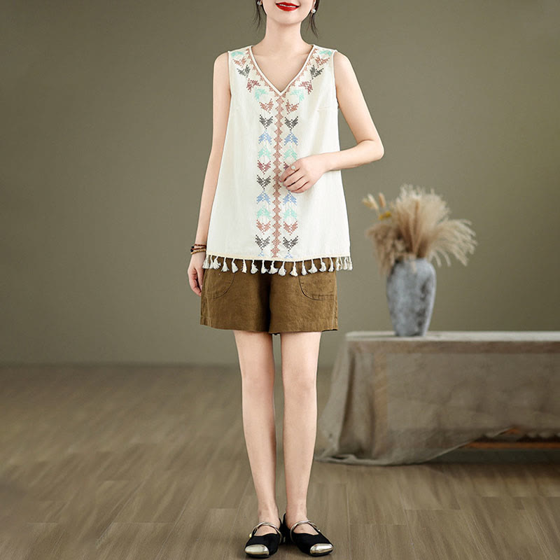 Retro Embroidery Polyester V-Neck Tassel Tank Top for Women
