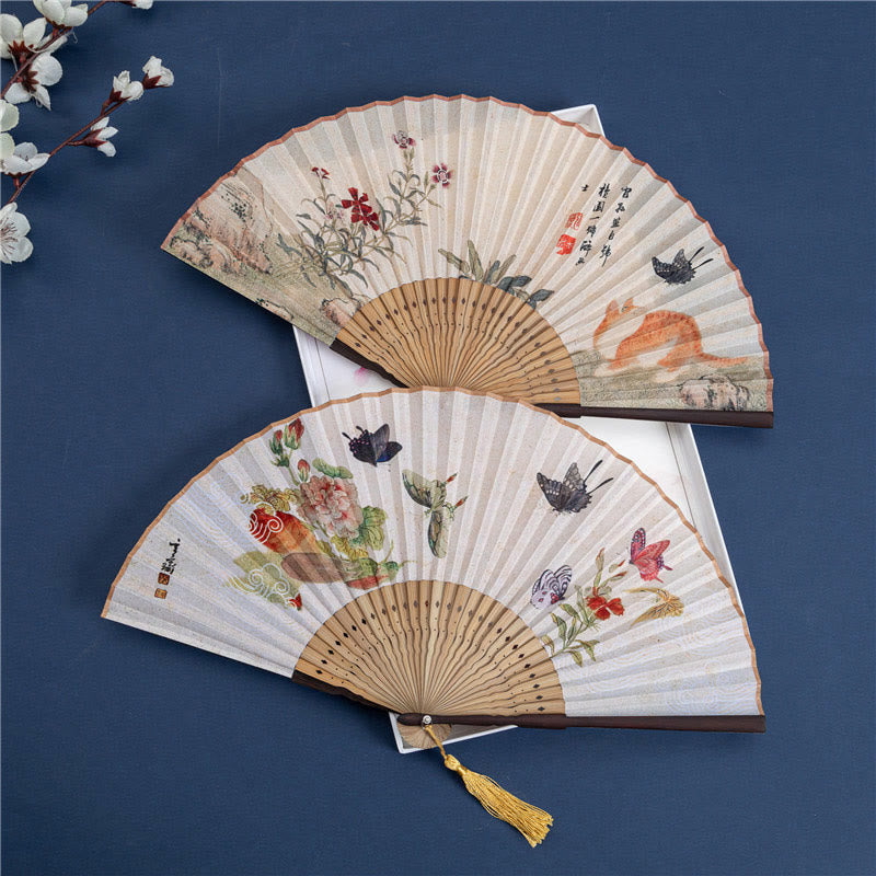 Cotton Linen Chinese Folding Fan 22cm Butterfly Orchid Cat