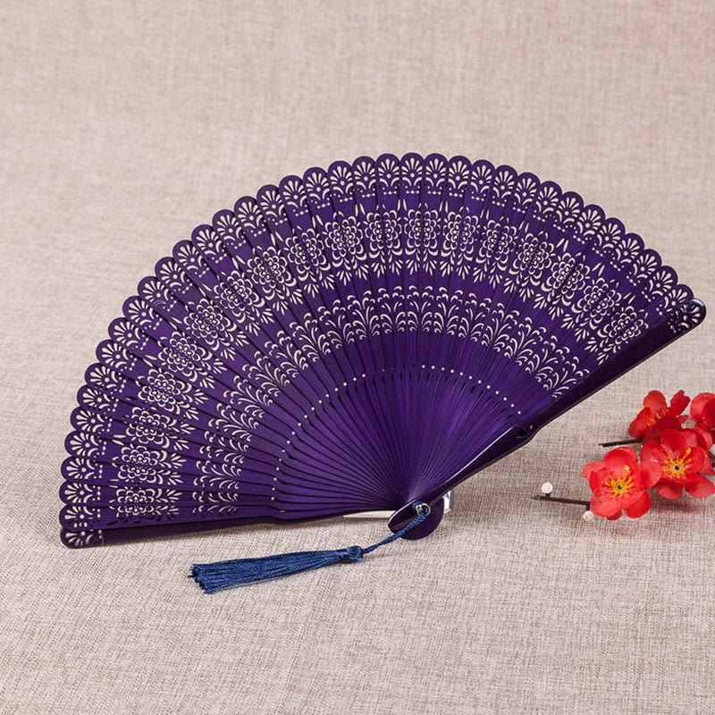 18cm Bamboo Chinese Folding Fan Flower Engraved Design