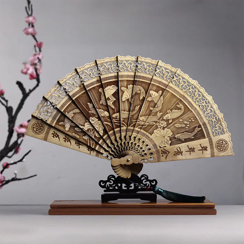 Phoebe Zhennan Wood Koi Fish Chinese Folding Fan 22cm