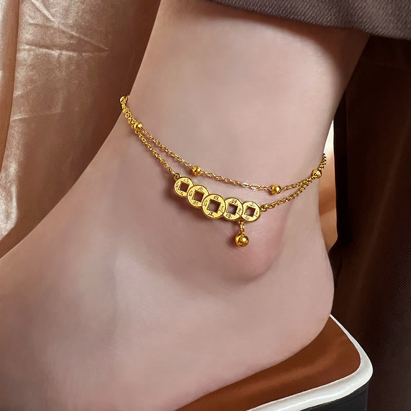 Copper Coins Spiritual Titanium Steel Anklet for Wealth