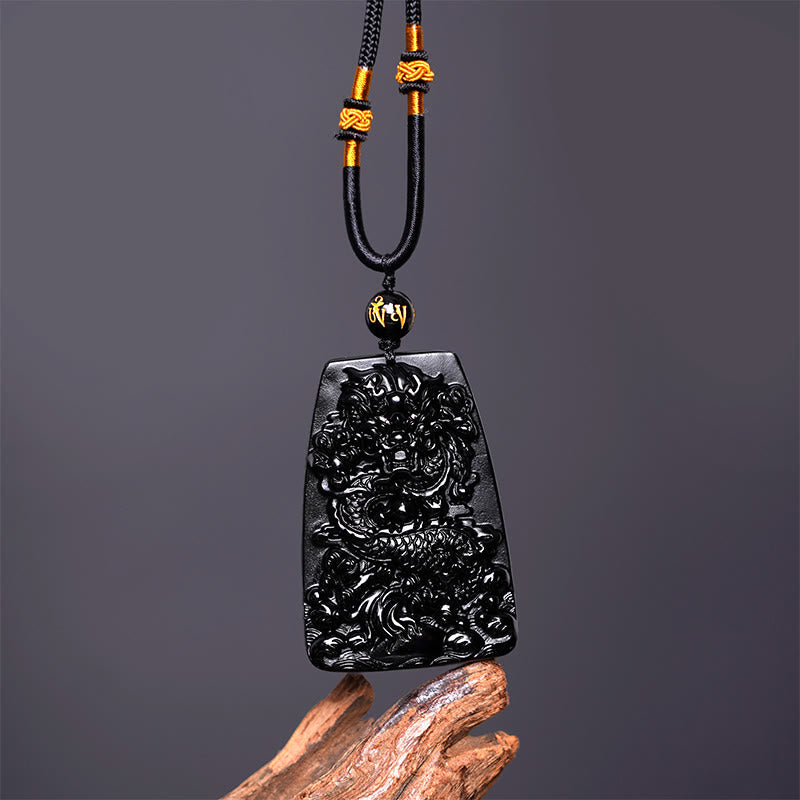 Black Obsidian Dragon Carved Necklace for Luck & Protection