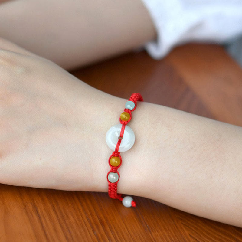 Jade Peace Buckle Bracelet with Red String for Luck & Protection