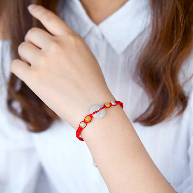 Jade Peace Buckle Bracelet with Red String for Luck & Protection