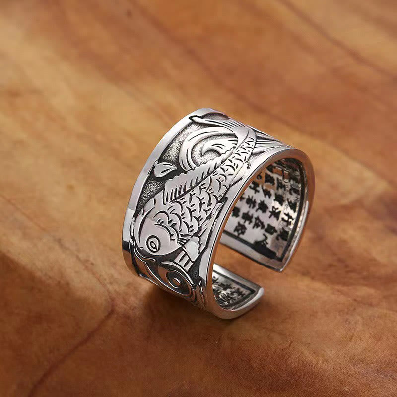 Adjustable Copper Koi Fish Ring with Heart Sutra for Luck & Wealth
