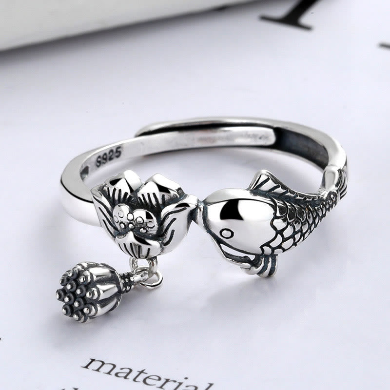 925 Sterling Silver Koi Fish Lotus Flower Adjustable Success Ring