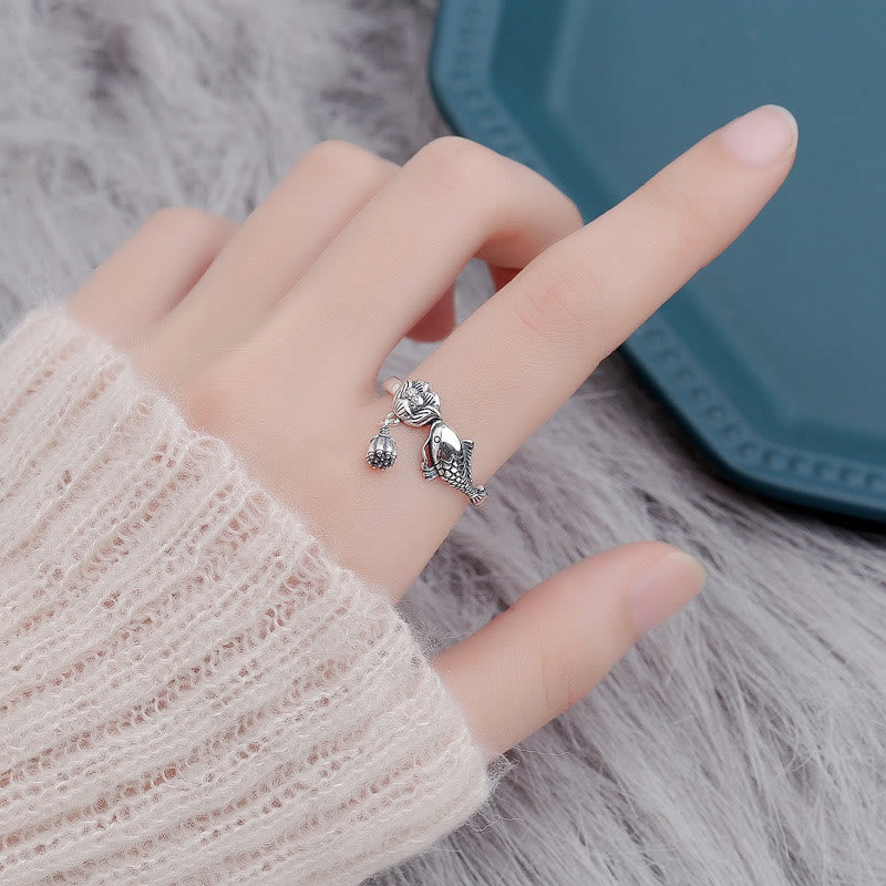 925 Sterling Silver Koi Fish Lotus Flower Adjustable Success Ring