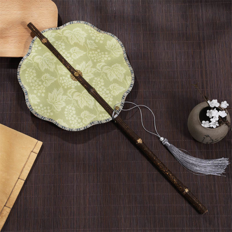 Cherry Bamboo Leaf Fan with Grape Pattern | Zen Decor
