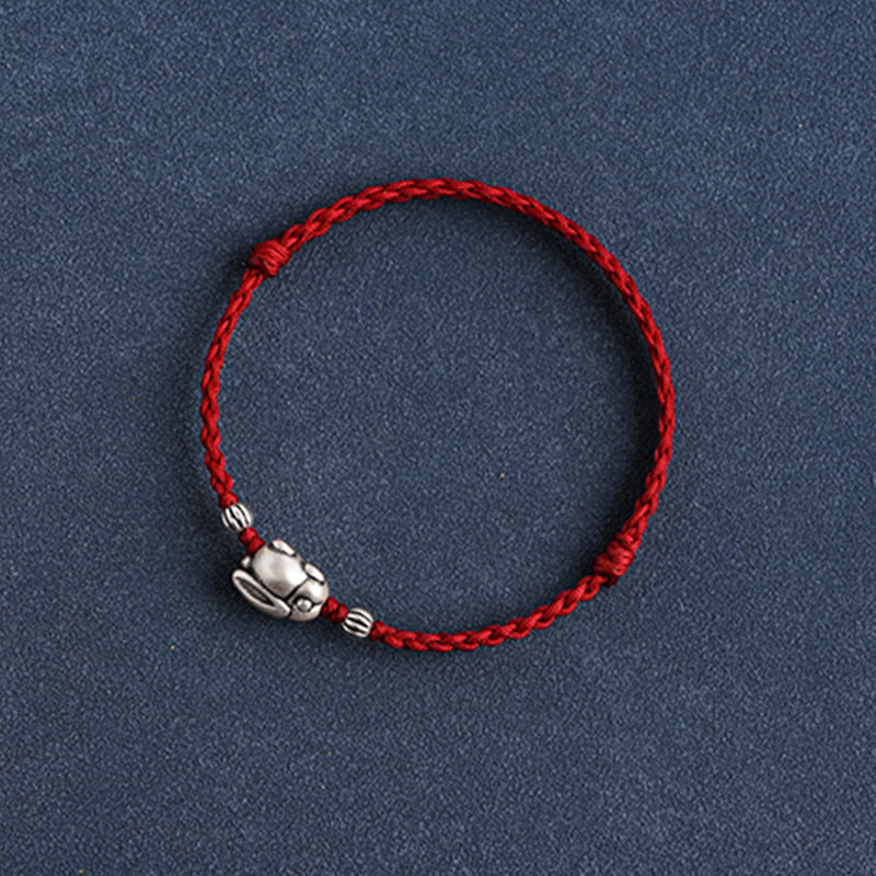 Sterling Silver Red String Bracelet with Rabbit Charm for Luck