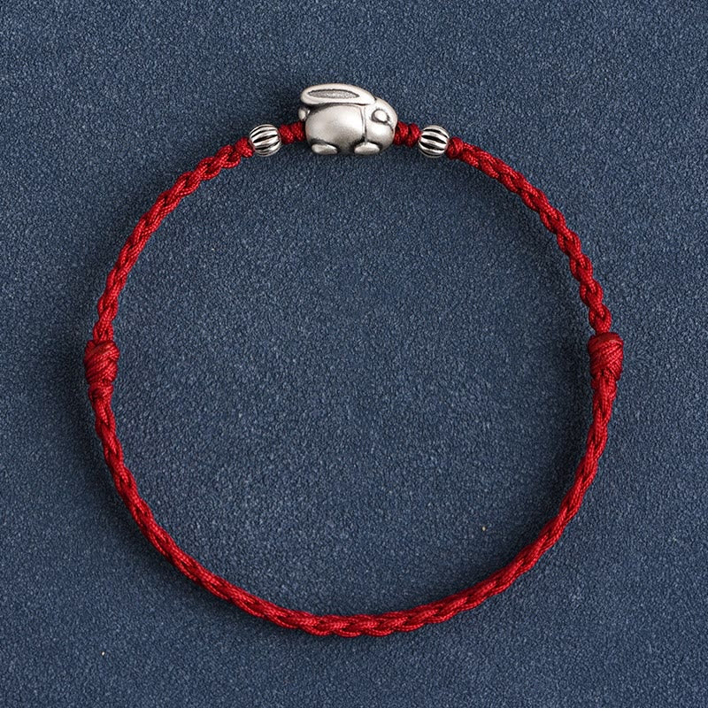 Sterling Silver Red String Bracelet with Rabbit Charm for Luck