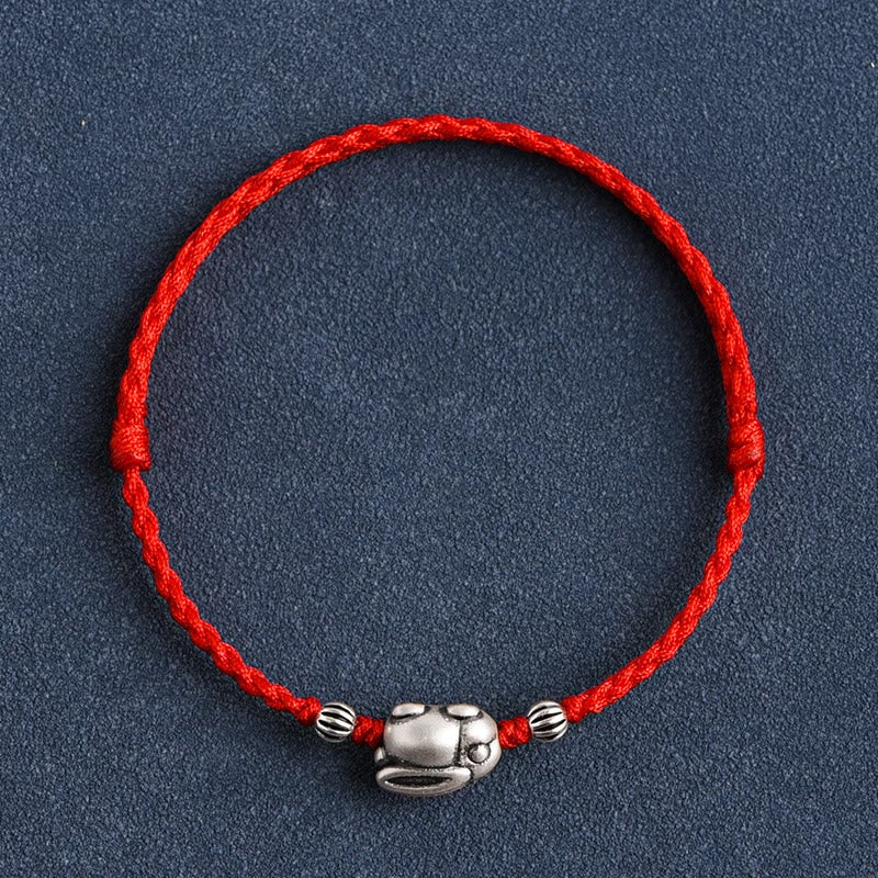 Sterling Silver Red String Bracelet with Rabbit Charm for Luck