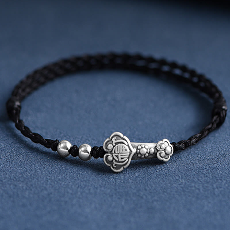 999 Sterling Silver Fu Character Ruyi Handle Red String Bracelet