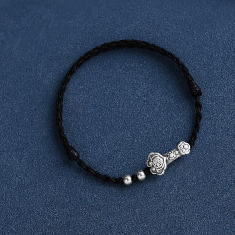 999 Sterling Silver Fu Character Ruyi Handle Red String Bracelet