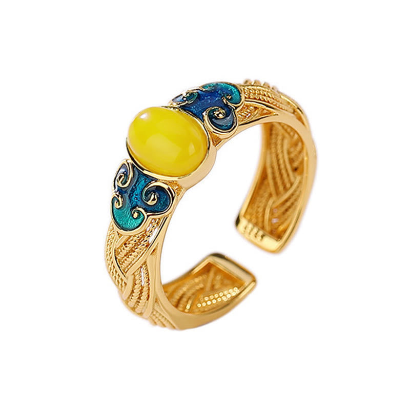 Adjustable Amber Copper Ring with Auspicious Clouds for Focus