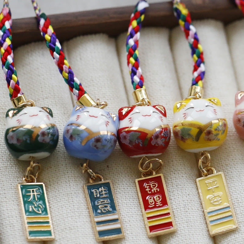 Ceramic Lucky Fortune Cat Phone Hanging Decoration for Wealth