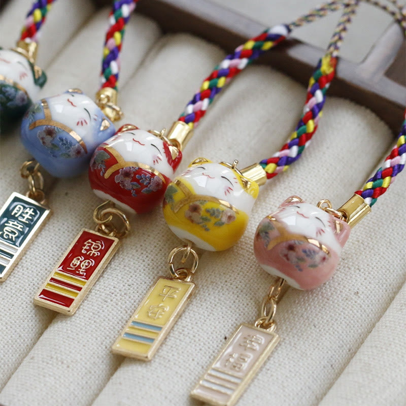 Ceramic Lucky Fortune Cat Phone Hanging Decoration for Wealth