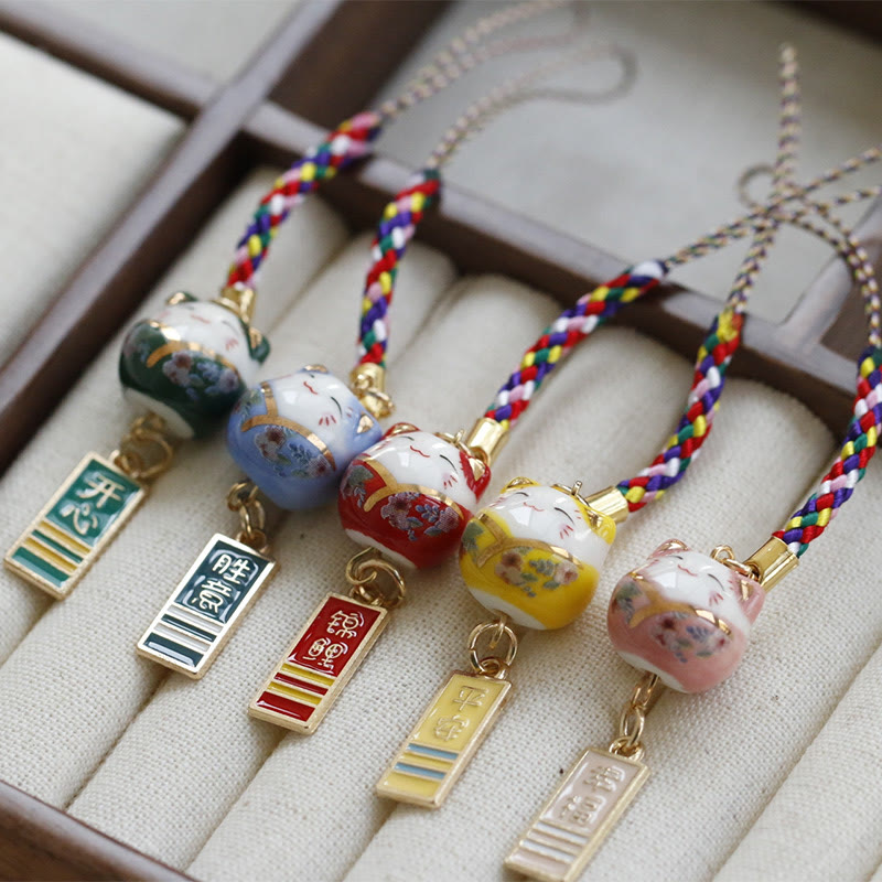 Ceramic Lucky Fortune Cat Phone Hanging Decoration for Wealth