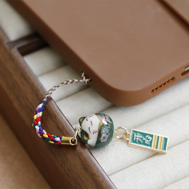 Ceramic Lucky Fortune Cat Phone Hanging Decoration for Wealth