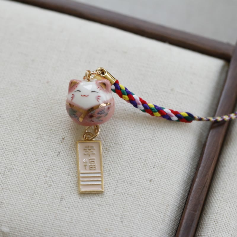 Ceramic Lucky Fortune Cat Phone Hanging Decoration for Wealth