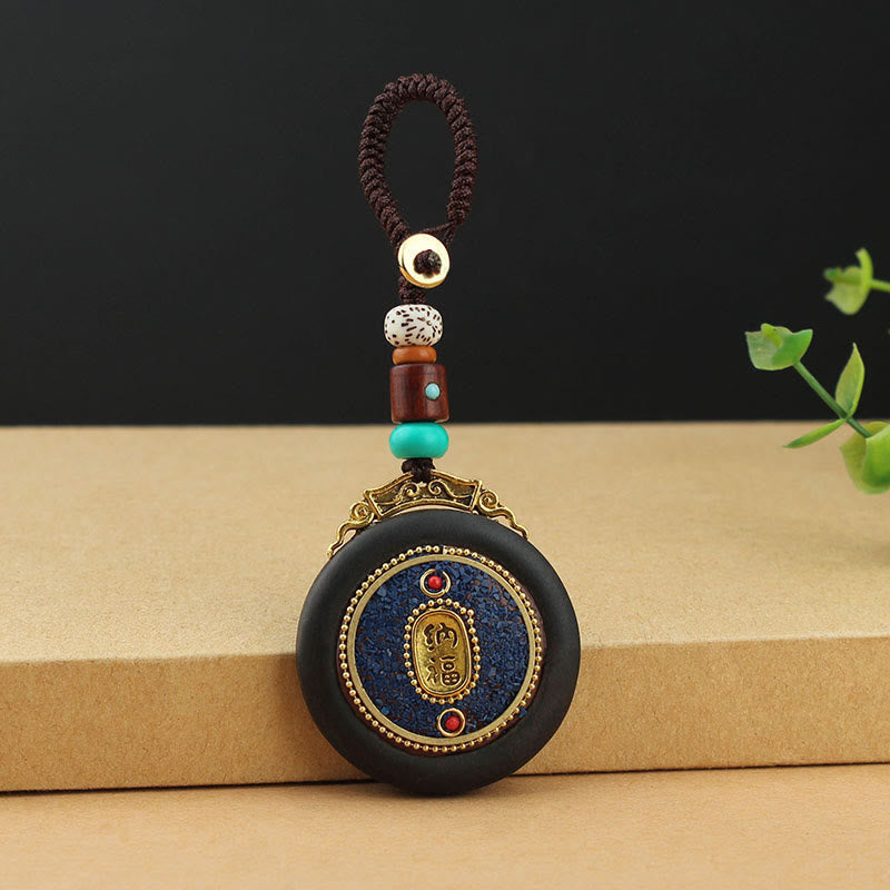 Tibetan Ebony Wood Peace Key Chain with Om Mani Padme Hum Symbol