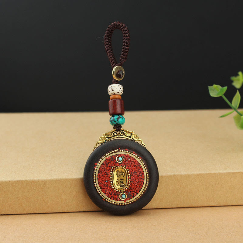 Tibetan Ebony Wood Peace Key Chain with Om Mani Padme Hum Symbol