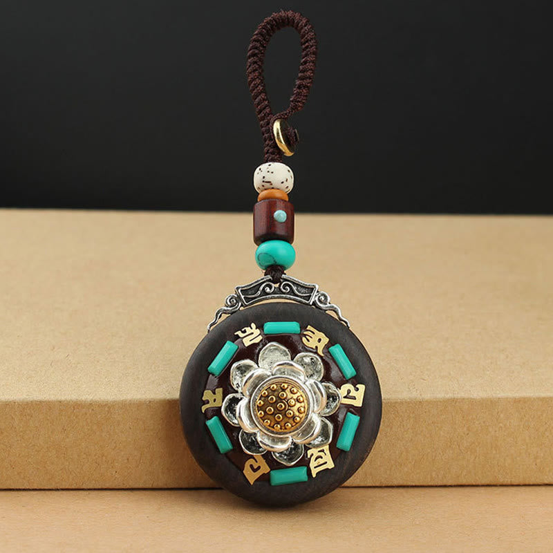 Tibetan Ebony Wood Peace Key Chain with Om Mani Padme Hum Symbol