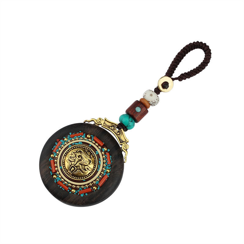 Tibetan Ebony Wood Peace Key Chain with Om Mani Padme Hum Symbol