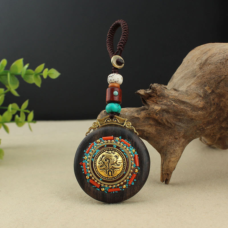 Tibetan Ebony Wood Peace Key Chain with Om Mani Padme Hum Symbol