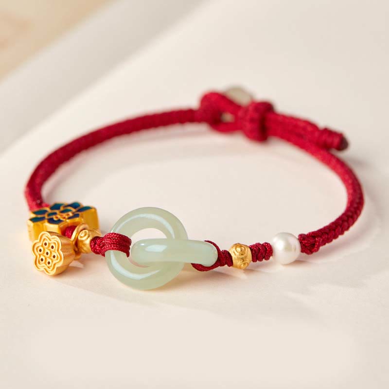 Hetian Jade Fortune Bracelet with Peace Buckle and Braided Rope