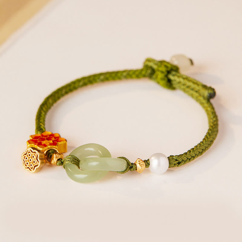 Hetian Jade Fortune Bracelet with Peace Buckle and Braided Rope