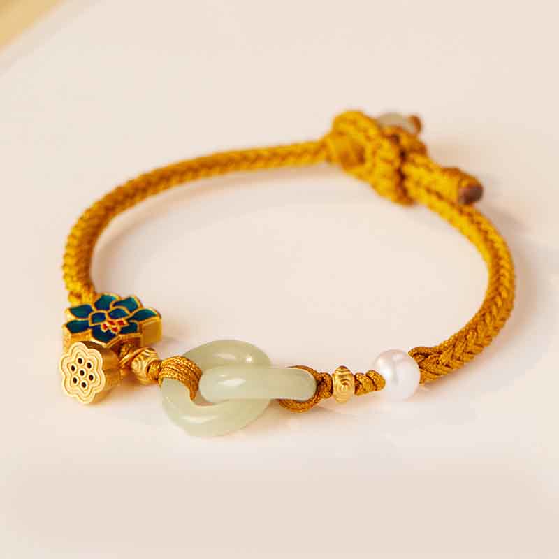Hetian Jade Fortune Bracelet with Peace Buckle and Braided Rope