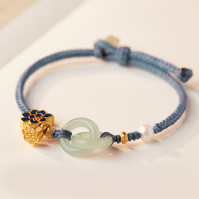 Hetian Jade Fortune Bracelet with Peace Buckle and Braided Rope