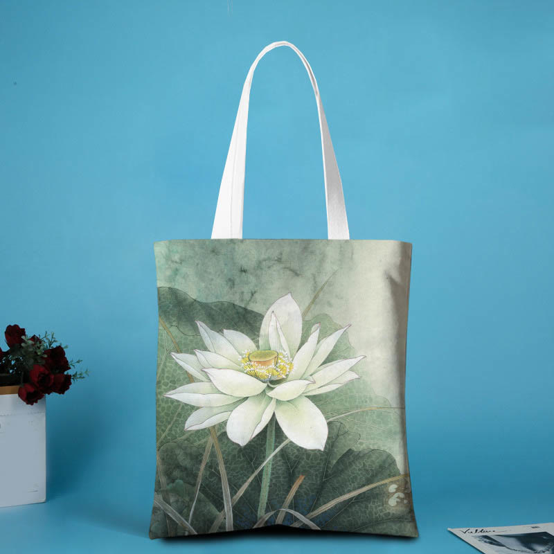 Canvas Lotus Shoulder Bag | Yoga Tote with Lotus Pattern