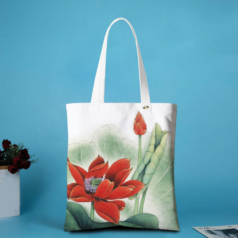 Canvas Lotus Shoulder Bag | Yoga Tote with Lotus Pattern