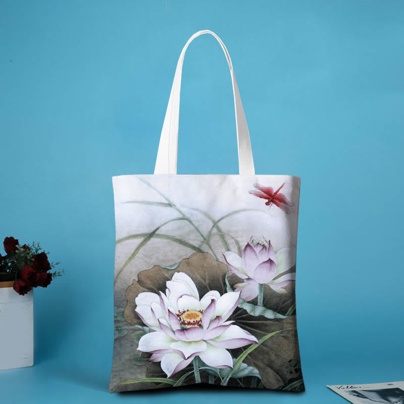 Canvas Lotus Shoulder Bag | Yoga Tote with Lotus Pattern