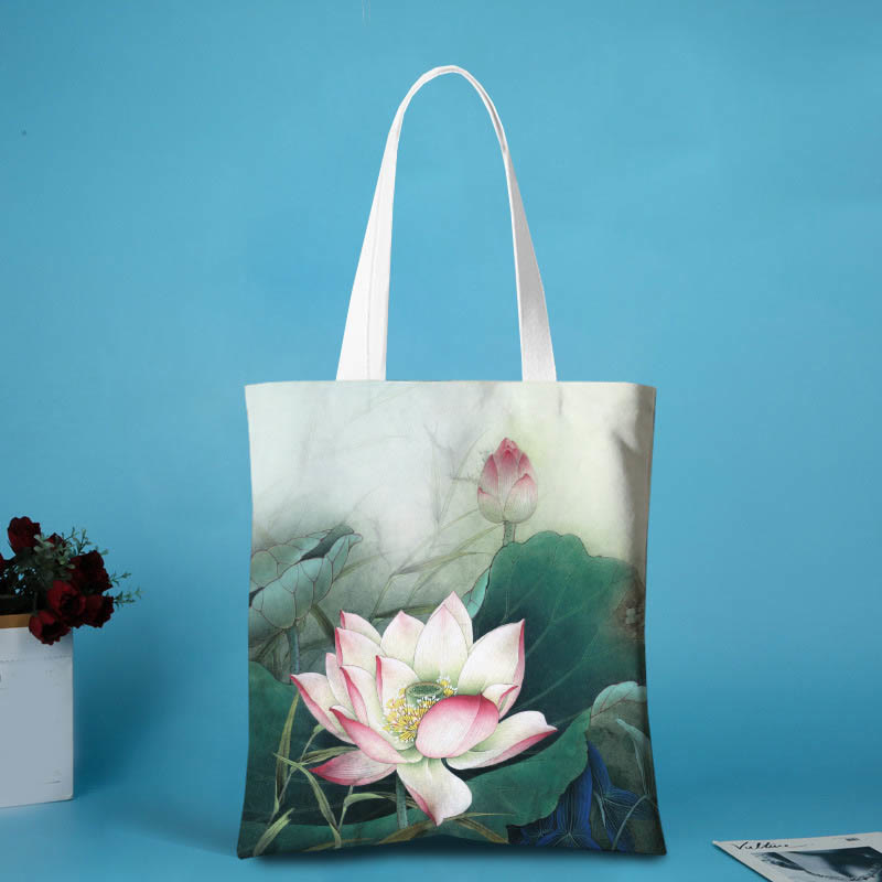 Canvas Lotus Shoulder Bag | Yoga Tote with Lotus Pattern