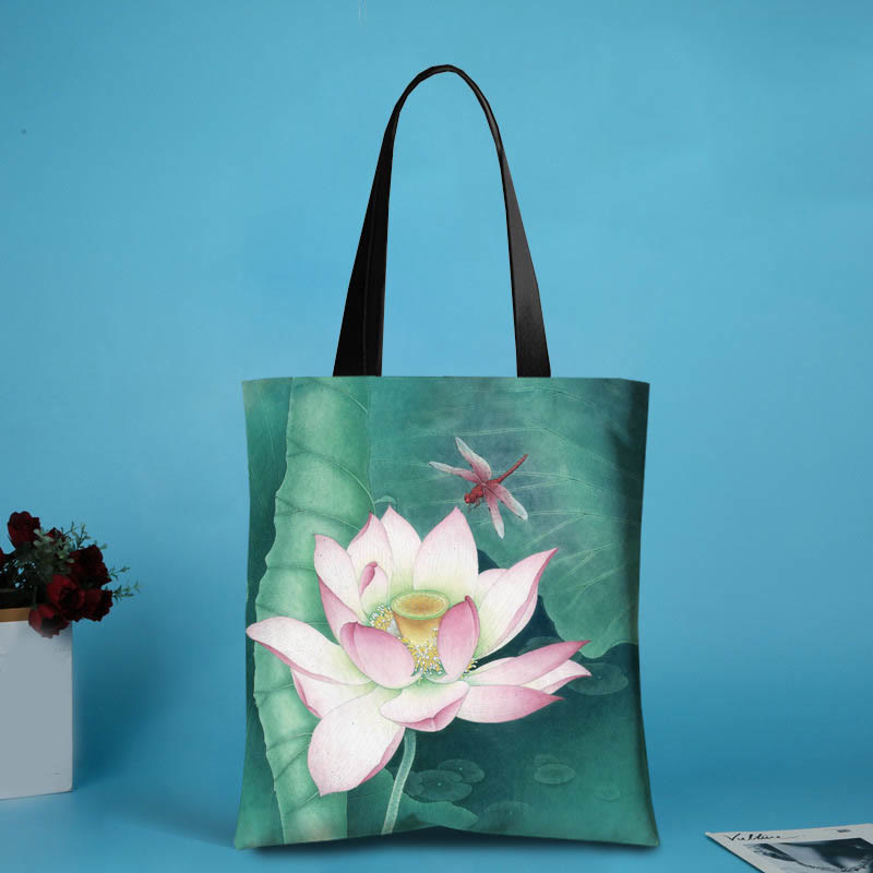 Large Capacity Ink Lotus Dragonfly Canvas Shoulder Bag