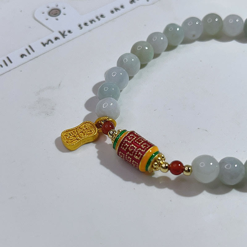 Natural Jade Fu Prayer Wheel Bracelet for Prosperity