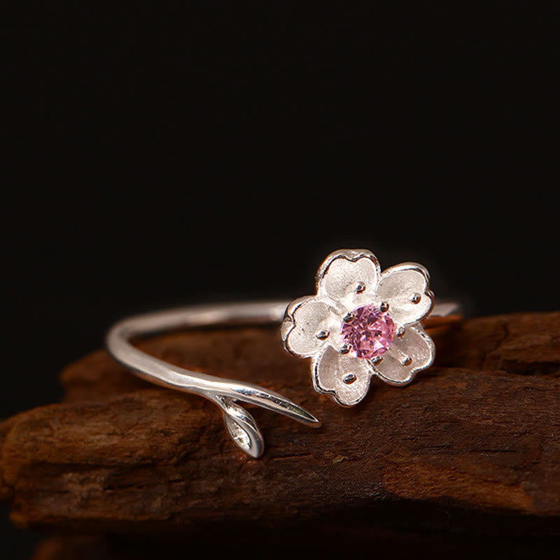 925 Sterling Silver Cherry Blossom Adjustable Spiritual Ring Blessing
