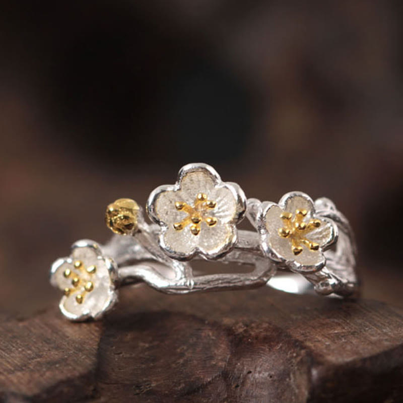 925 Sterling Silver Plum Blossom Calm Ring for Women